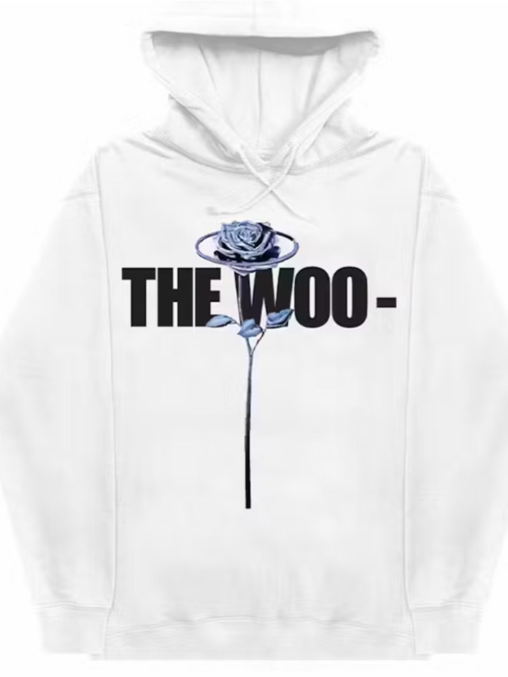 VLONE White Hoodie with Black 'WOO' Text and Blue Rose